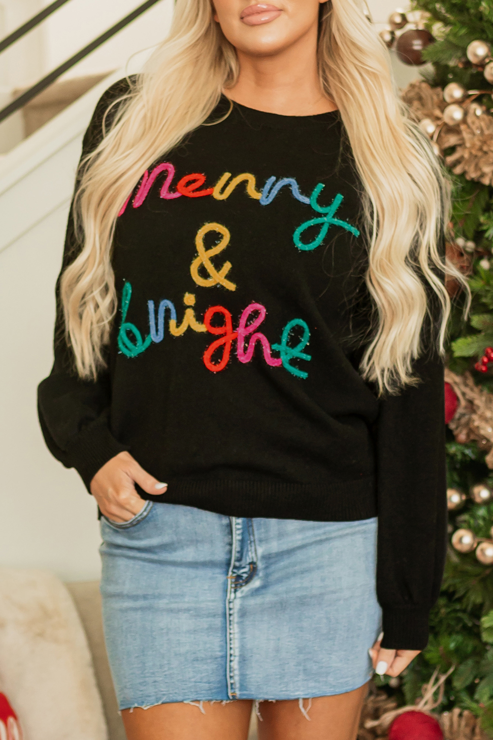 Black Colorful Merry & Bright Tinsel Graphic Sweater - Image 8