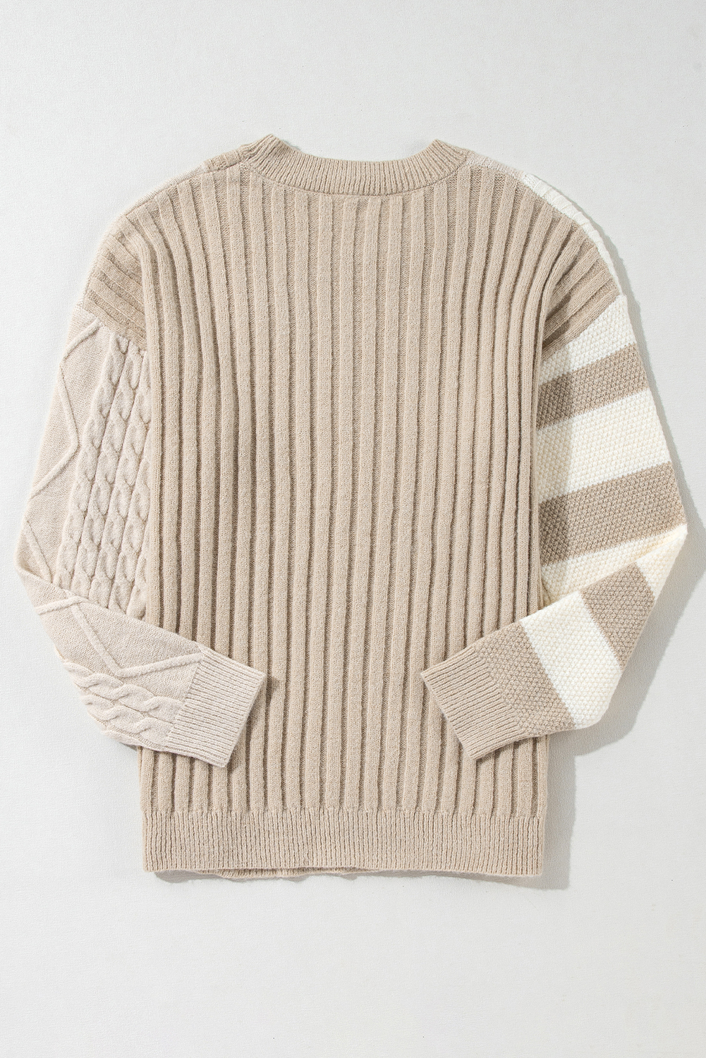 Khaki Cable Knit Colorblock Crew Neck Drop Shoulder Sweater - Image 6