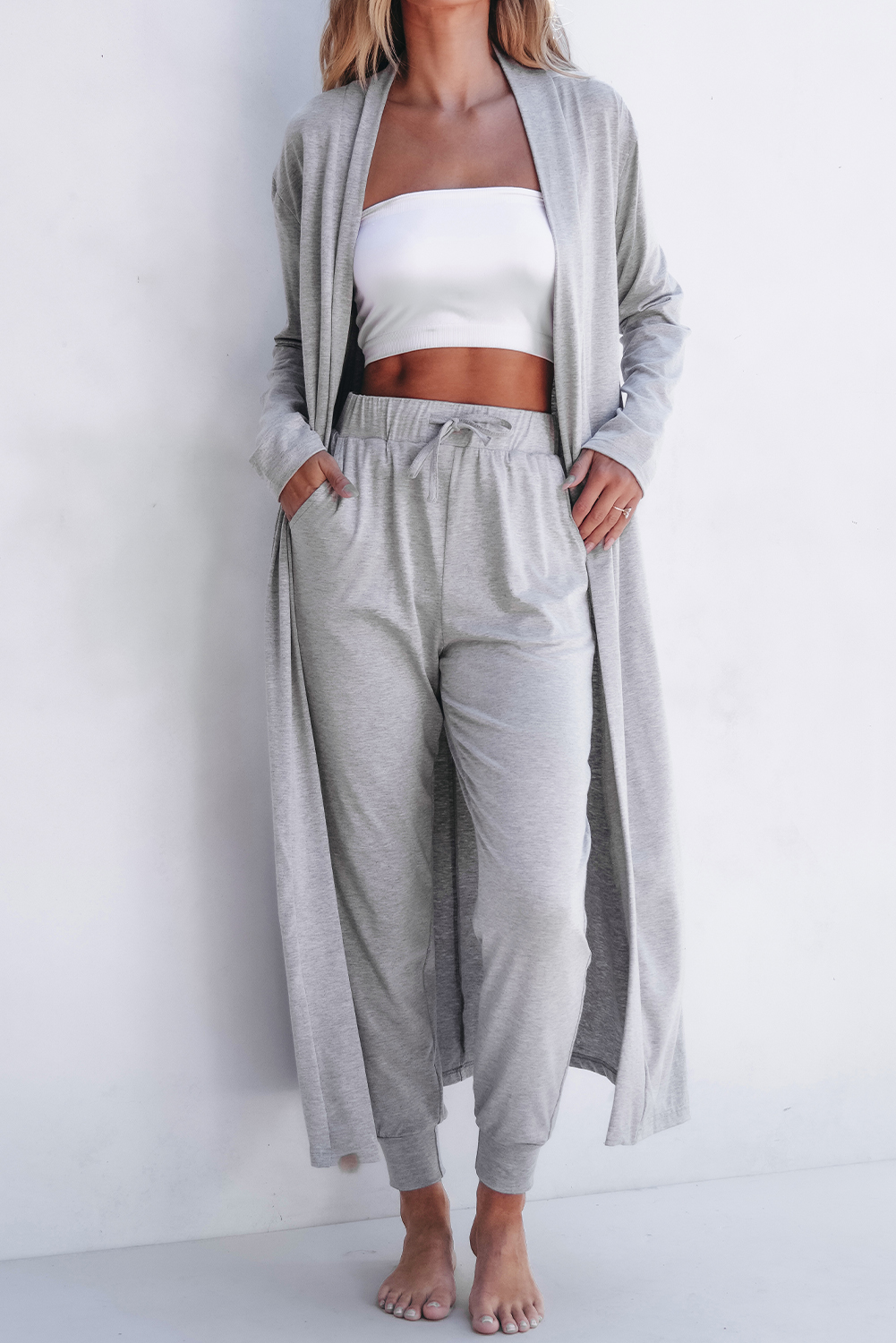 Light Grey Split Long Cardigan and Skinny Pants Lounge Set - Image 5