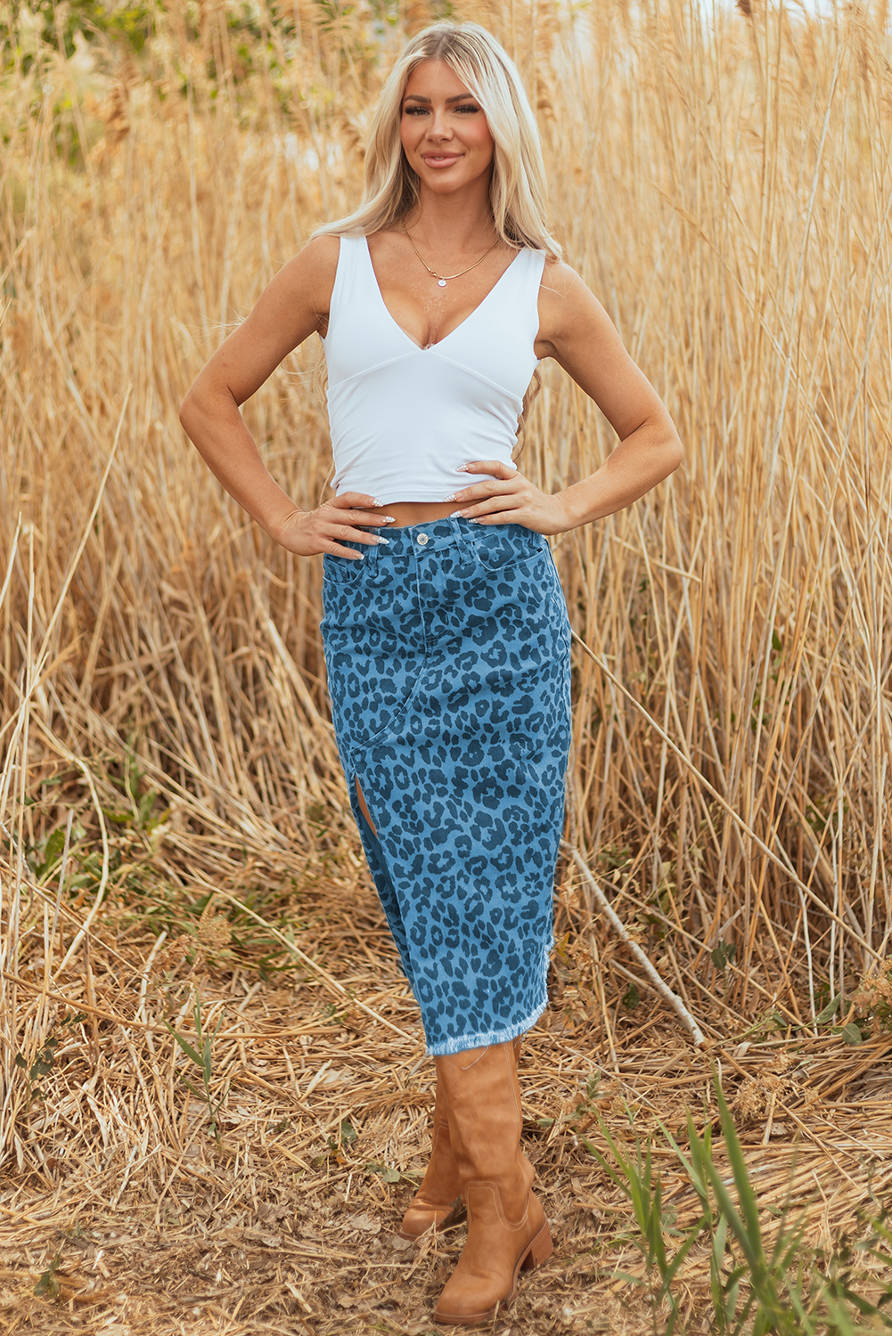 Sky Blue Leopard Denim Frayed Split Denim Midi Skirt - Image 5