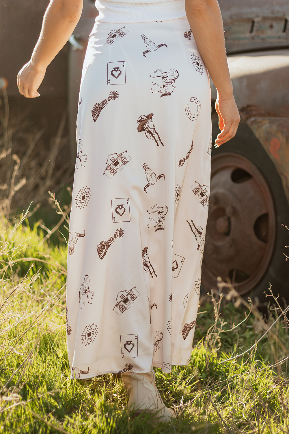 Beige Western Print Satin Long Skirt - Image 2