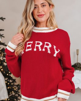 Fiery Red MERRY Color Block Edge Drop Shoulder Cozy Sweater