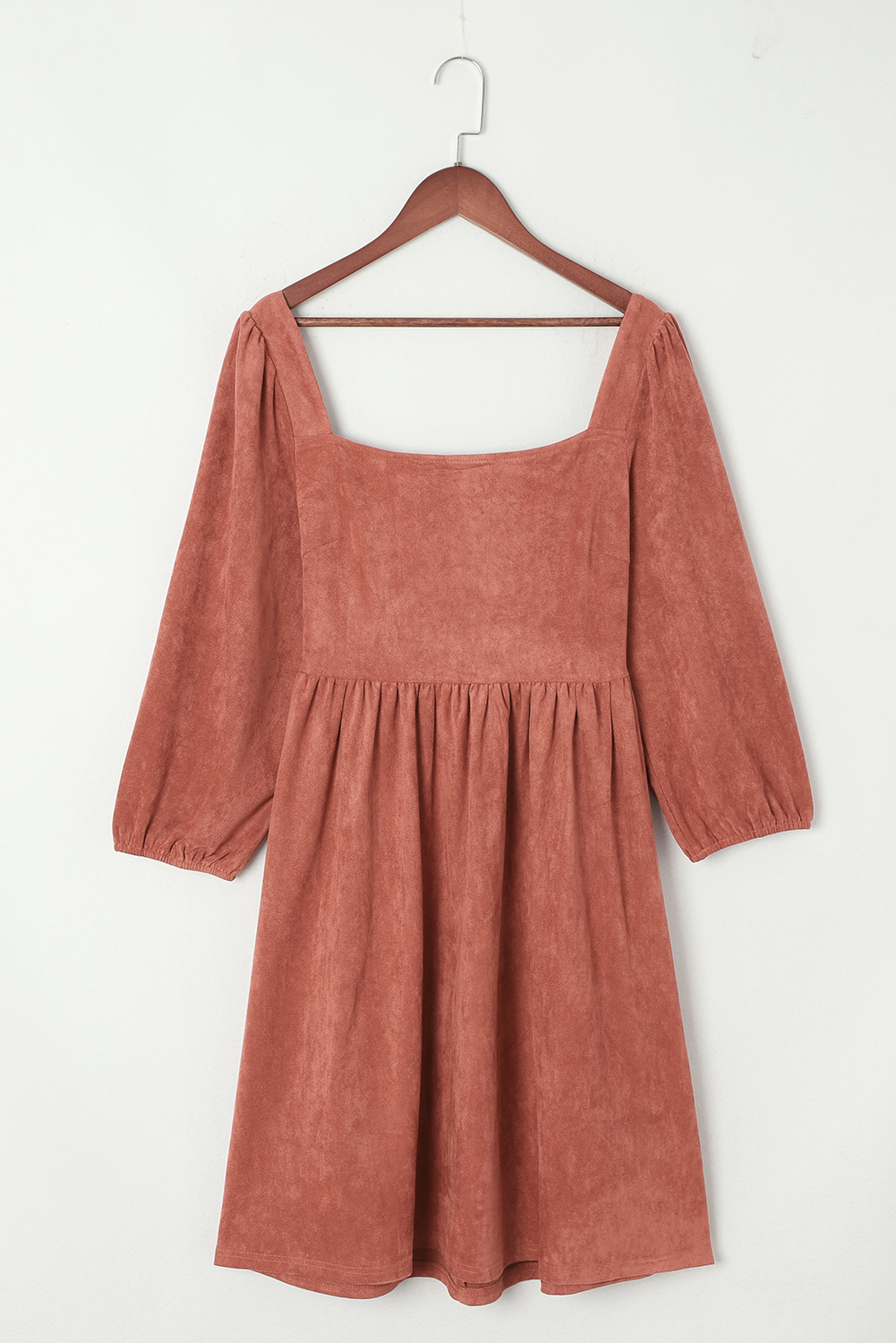 Brown Suede Square Neck Puff Sleeve Dress - Image 8