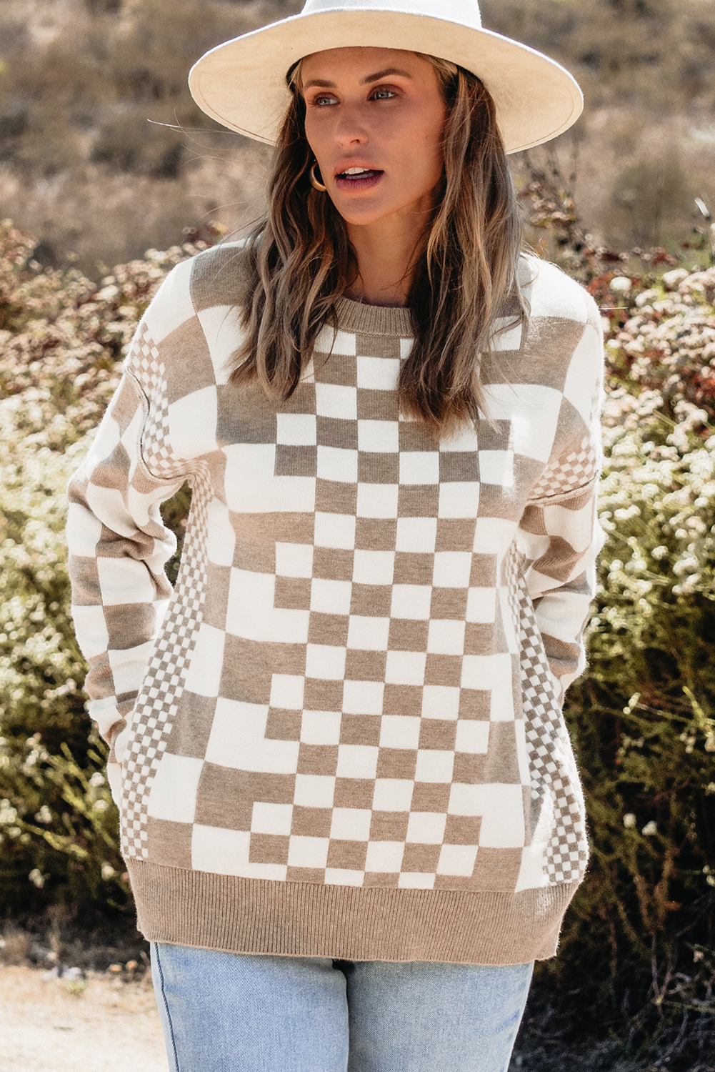 Khaki Checkered Print Drop Shoulder Round Neck Sweater - Image 8