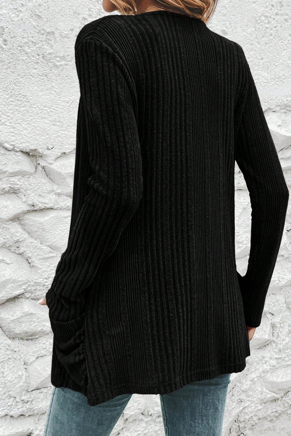 Black Ribbed Open Front Knitted Top with Pockets - Image 2