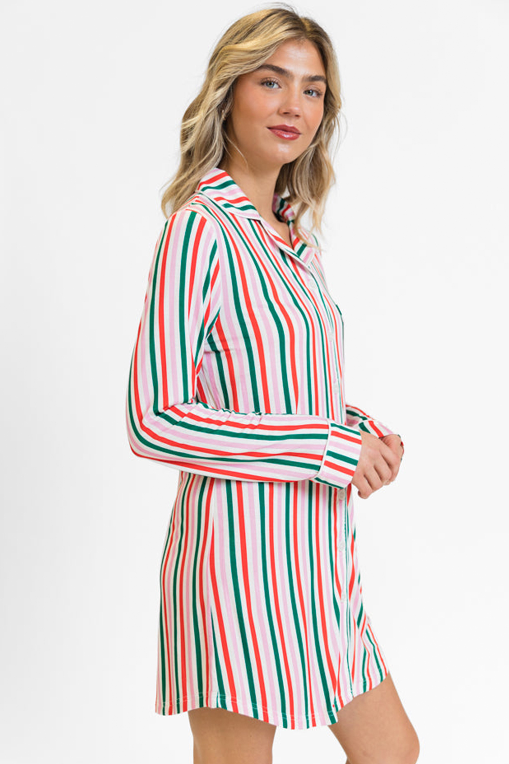 Pink Stripe Christmas Long Sleeve Shirt Style Lounge Dress - Image 5