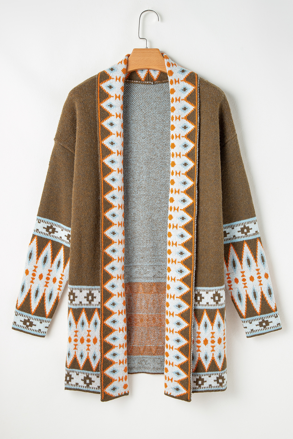 Brown Aztec Print Open Front Knitted Cardigan - Image 7