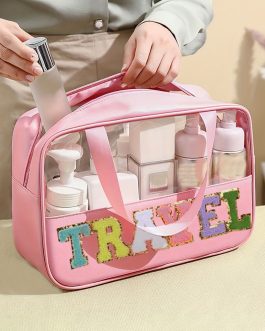Light Pink TRAVEL Chenille Letter Clear PVC Makeup Bag