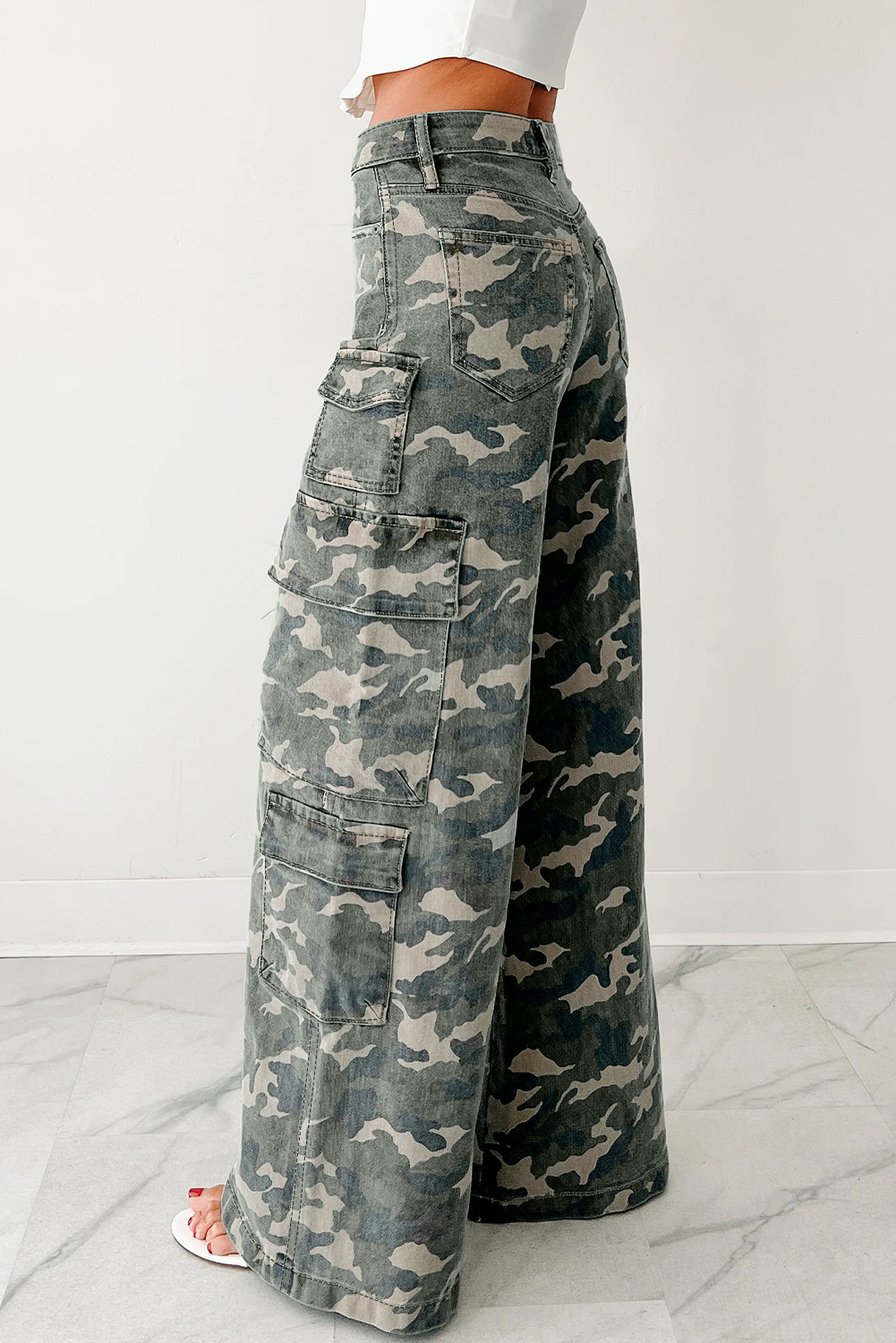 Green Camo Cargo Wide Leg Pants - Image 3