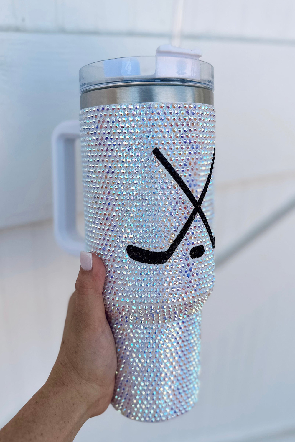 Silvery Hockey Game Day Rhinestone 40 Oz Tumbler with Handle - Image 5