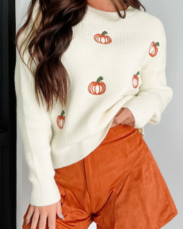 Beige Pumpkin Embroidered Ribbed Thanksgiving Halloween Holiday Sweater