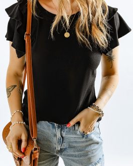 Black Plain Tiered Ruffled Short Sleeve T Shirt