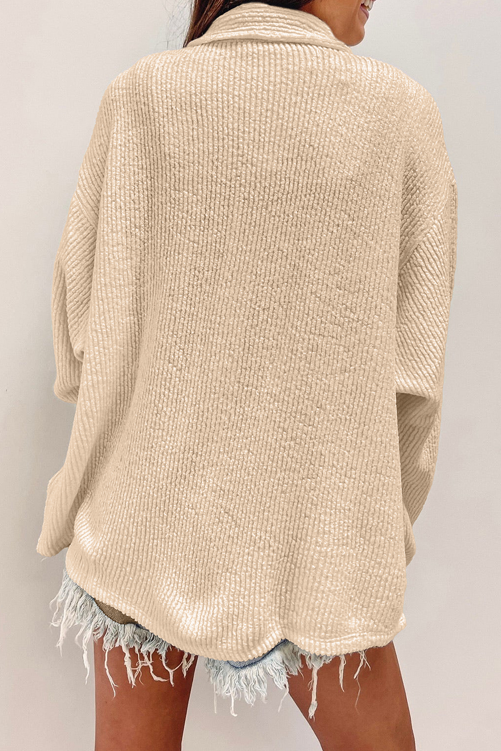 Apricot Solid Color Corduroy Buttoned Long Sleeve Shacket - Image 2