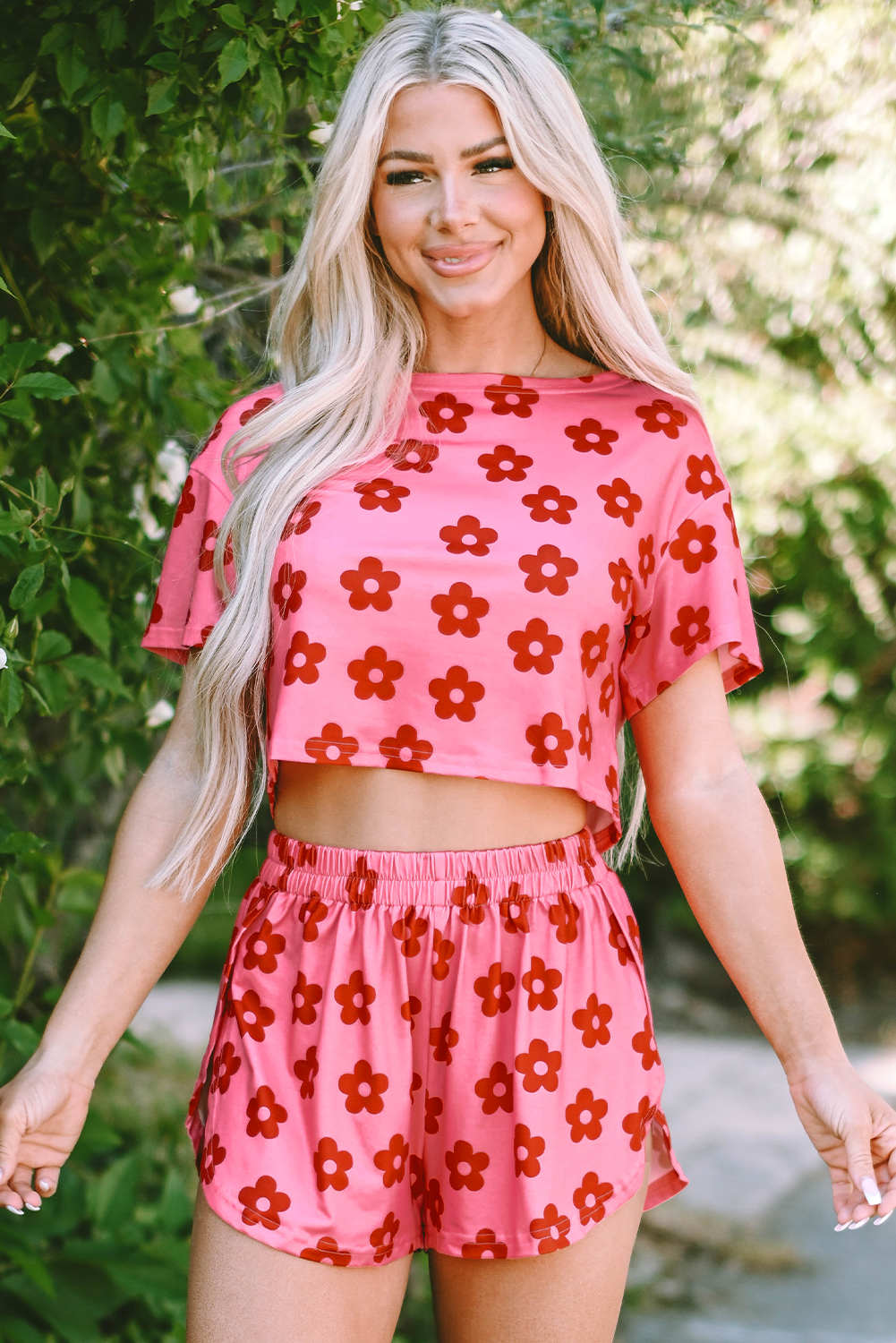 Rose Floral Print Crop Tee and Shorts Lounge Set - Image 5