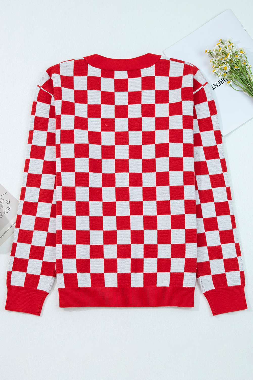 Red Checkered Christmas Tree Pattern Button V Neck Cardigan Sweater - Image 4