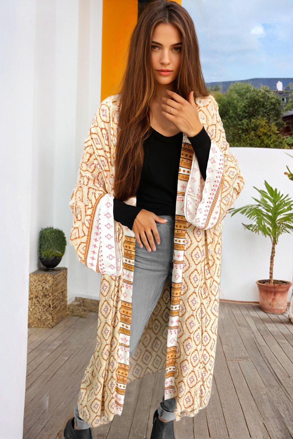 Yellow Bohemian Geometric Printed Loose Sleeve Long Kimono - Image 6