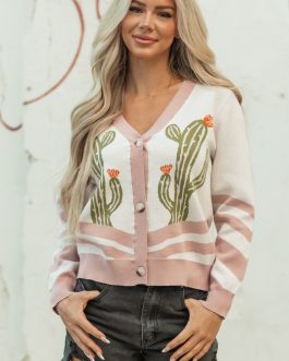 Apricot Desert Cactus Buttoned Front Sweater Cardigan