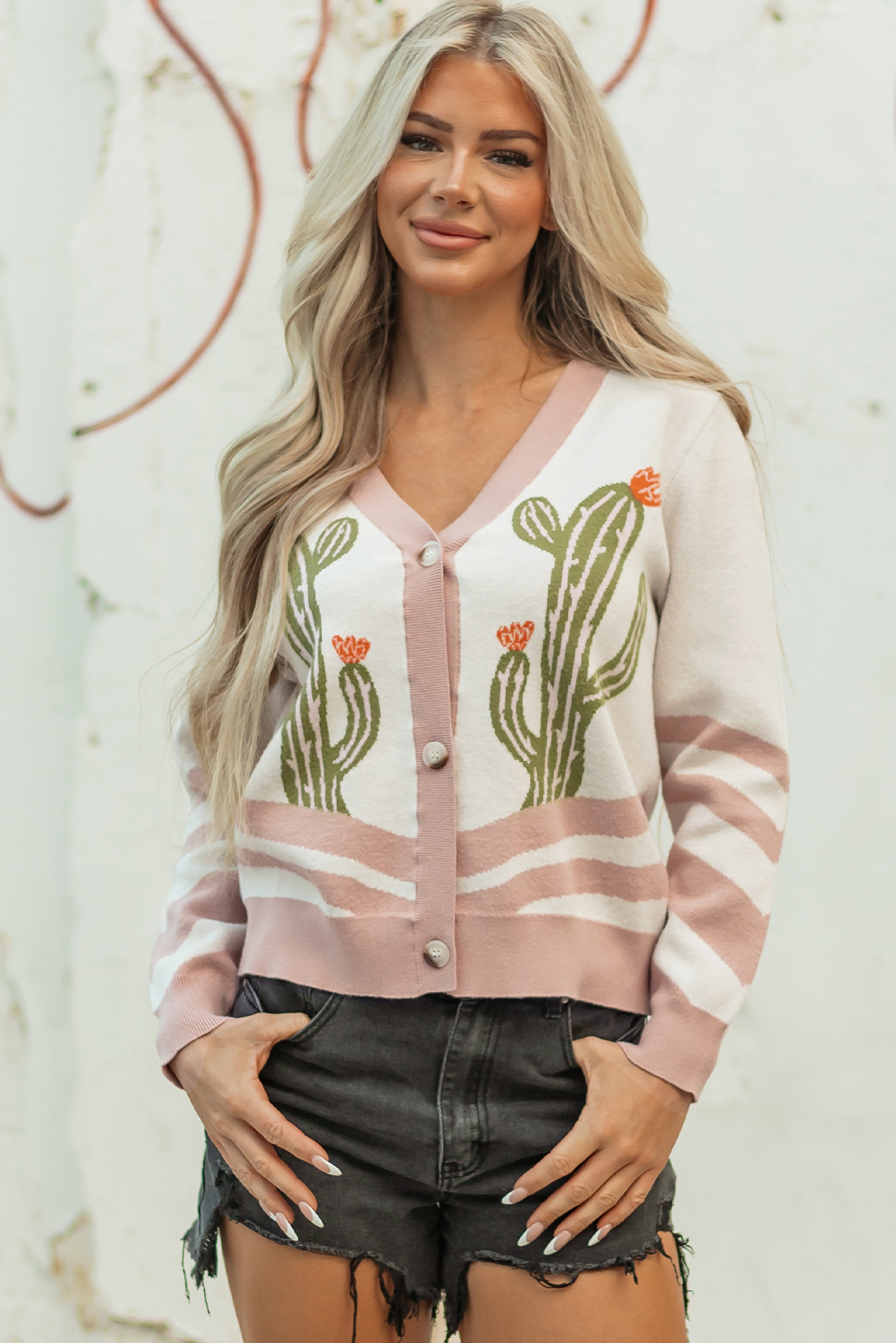 Apricot Desert Cactus Buttoned Front Sweater Cardigan