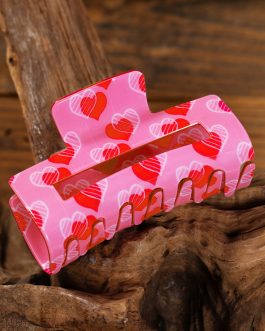 Pink Double Heart Printed Valentines Fashion Hair Claw