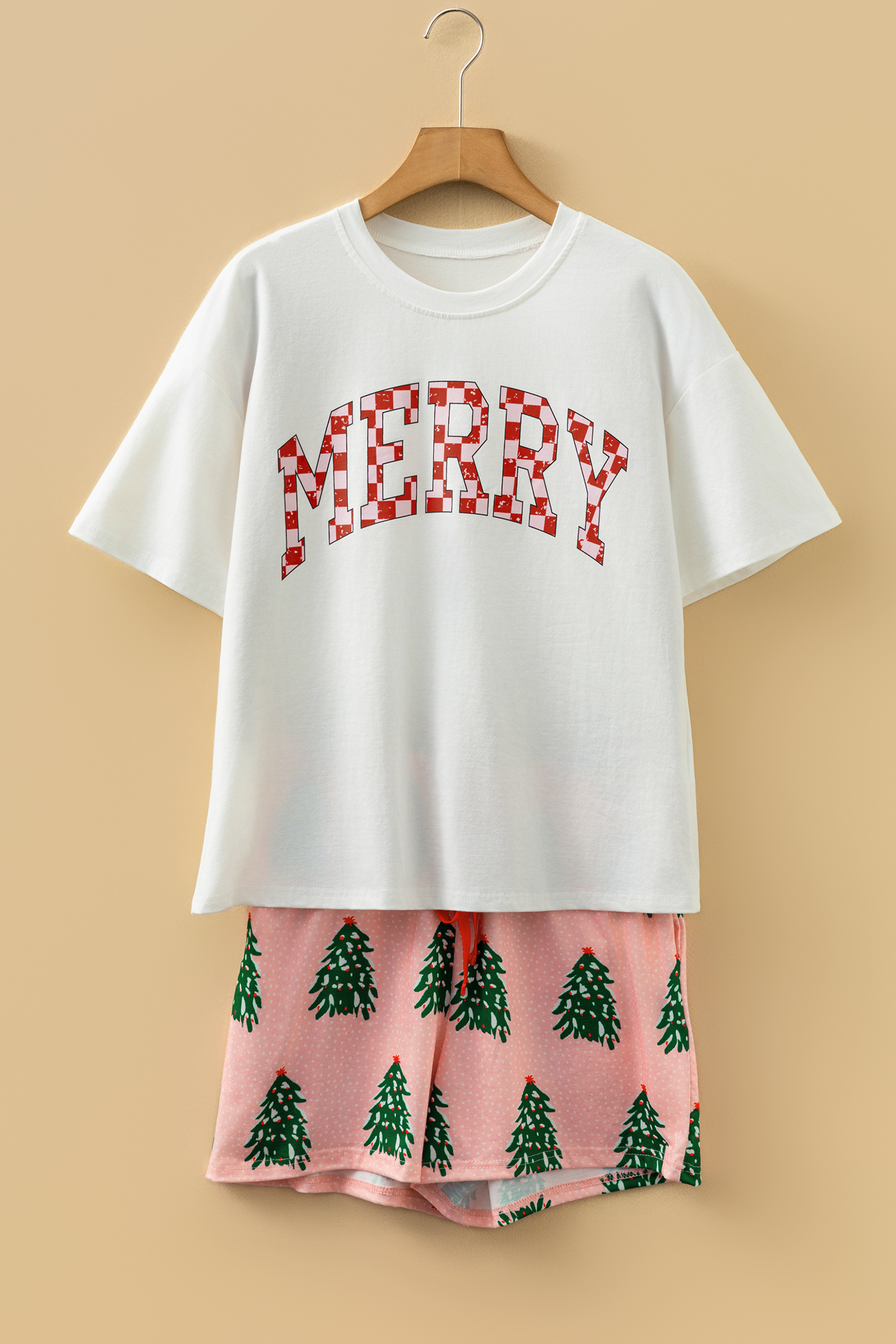 Pink Checkered MERRY Graphic Christmas Tree Print Short Lounge Set - Image 5