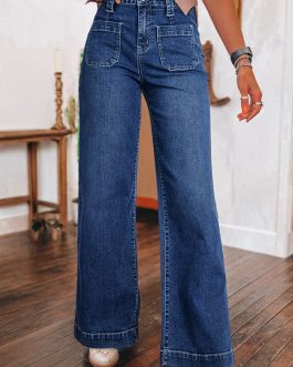 Sail Blue Wide Leg Pocketed High Waist Jeans