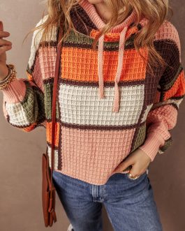 Orange Color Block Waffle Knit Drawstring Mock Neck Sweater