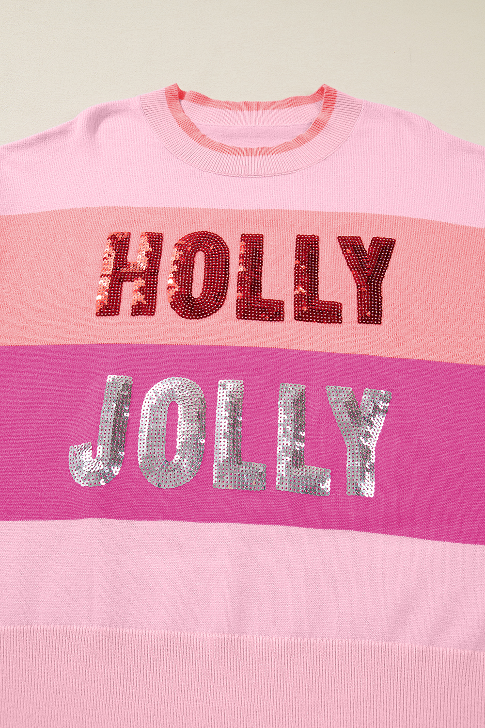 Pink Sequined HOLLY JOLLY Color Block Crew Neck Sweater - Image 7