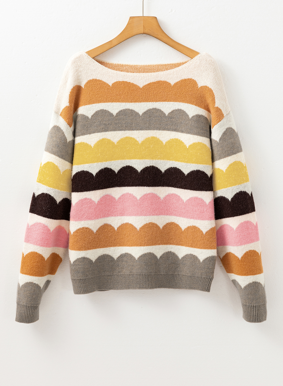 Yellow Wave Striped Balloon Sleeve Drop Shoulder Sweater - Image 4