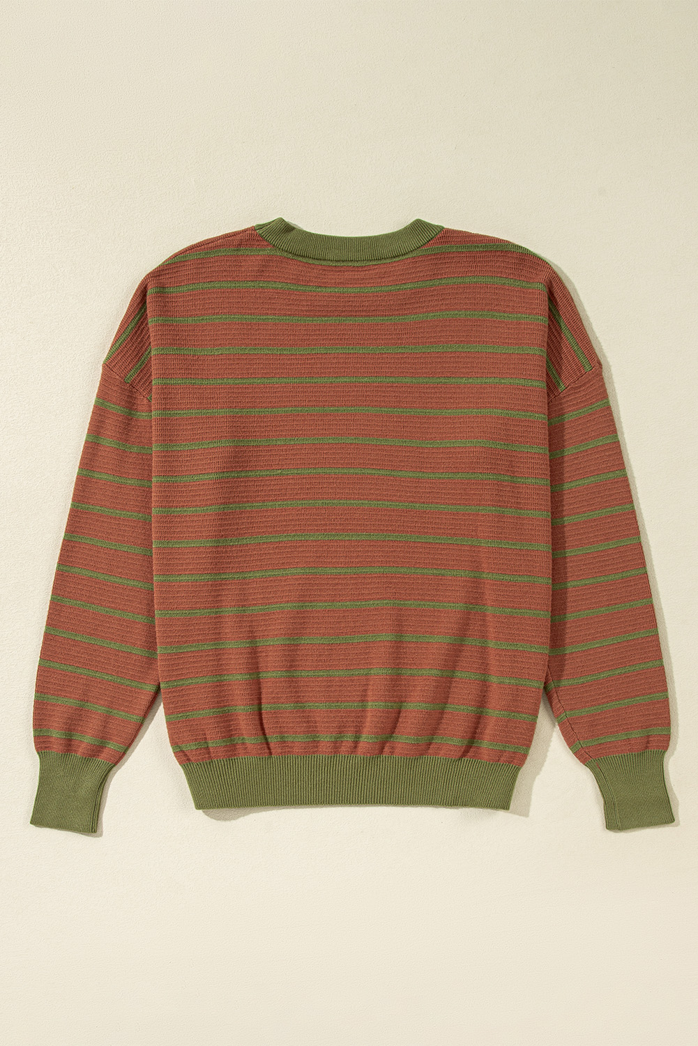 Brown Stripe Trimmed Round Neck Drop Shoulder Loose Sweater - Image 6