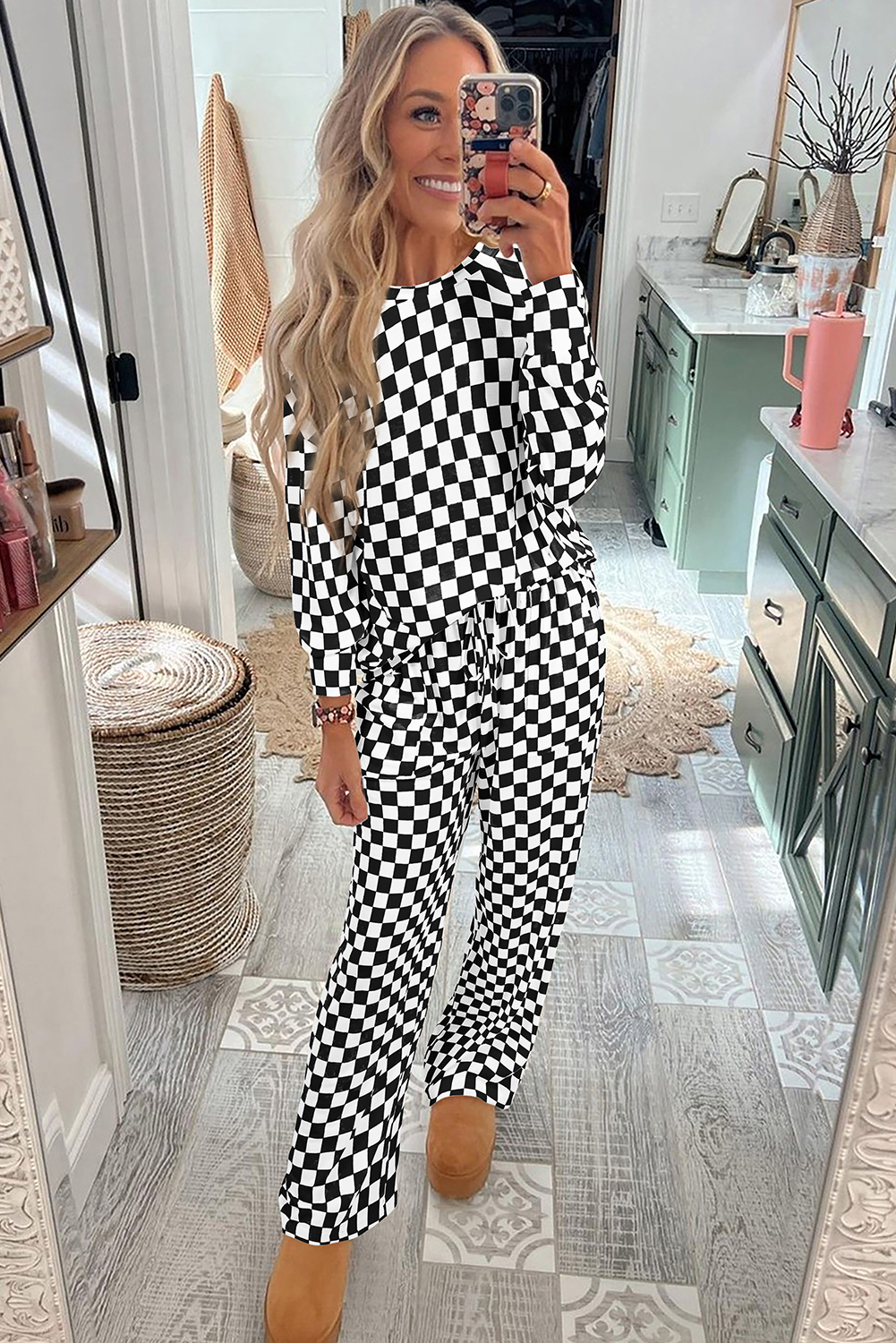 Black Checkered Print Long Sleeve Top and Pants Lounge Set - Image 2