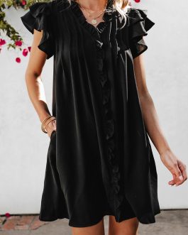 Black Ruffle Sleeve V Neck Frilled Shift Dress