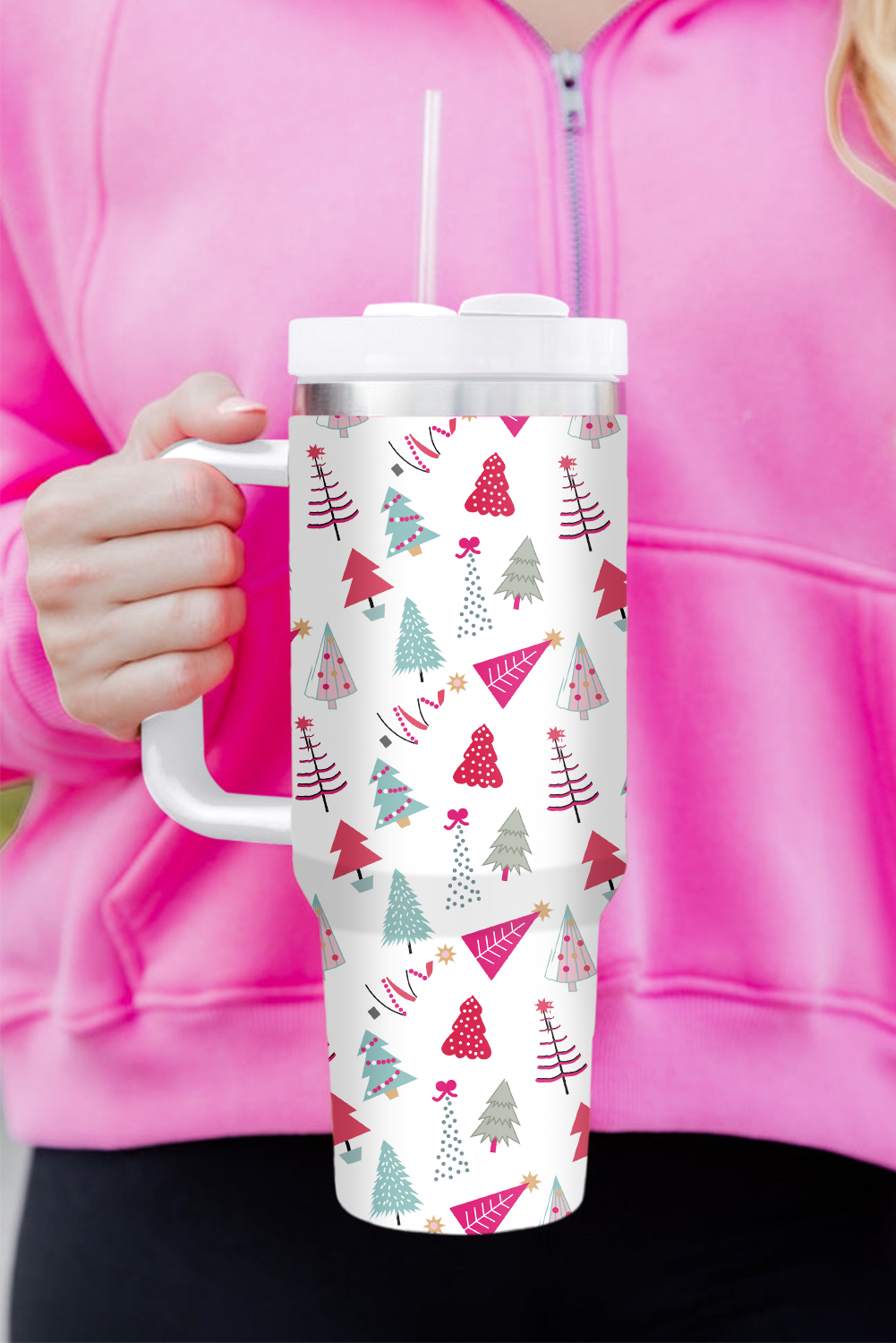 White Cartoon Christmas Tree Printed Thermos Cup 40oz - Image 8