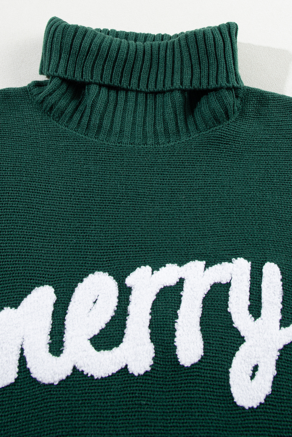 Blackish Green Merry Letter Embroidered High Neck Sweater - Image 7