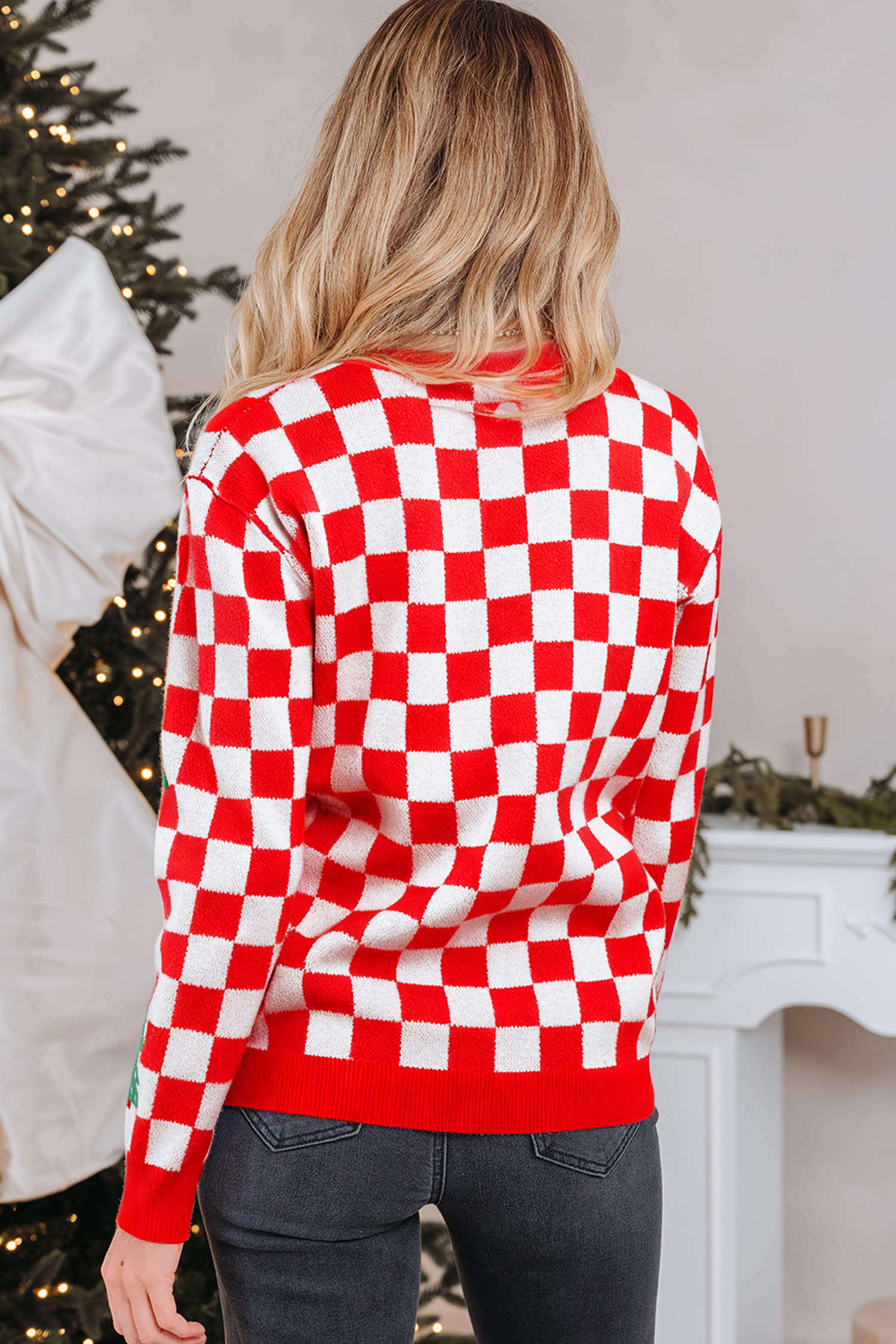 Red Checkered Christmas Tree Pattern Button V Neck Cardigan Sweater - Image 10