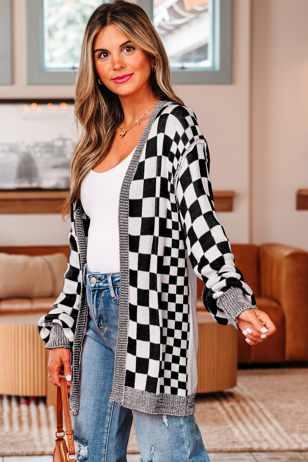 Black Checkered Open Front Drop Shoulder Cardigan - Image 3