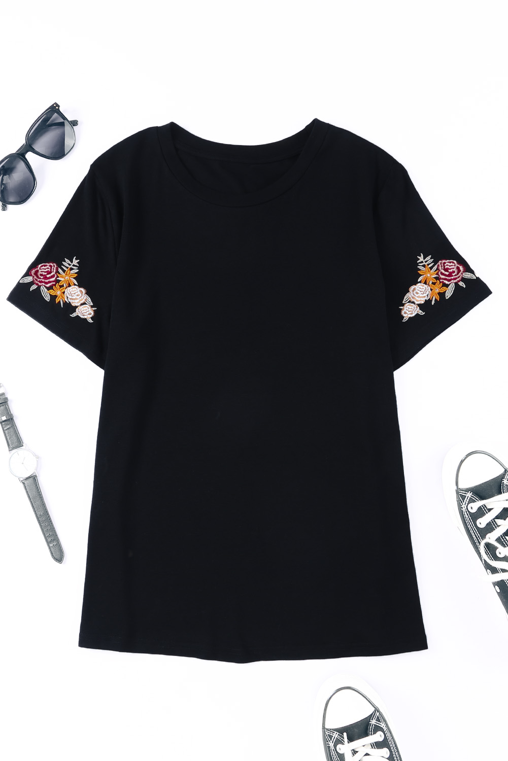 Black Floral Embroidered Round Neck Short Sleeve T Shirt - Image 6