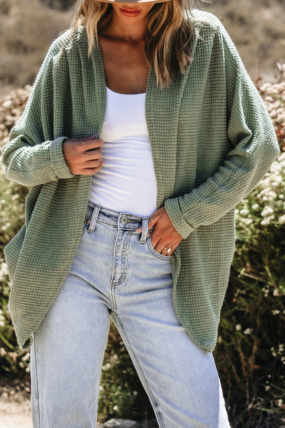 Laurel Green Waffle Knit Open Front Cardigan - Image 8