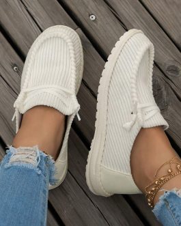 White Solid Ribbed Criss Cross Slip On Casual Shoes