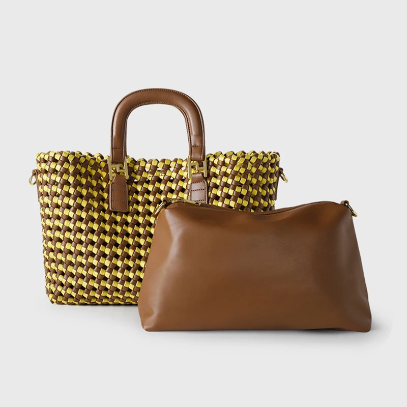 Soft Leather Woven Shoulder Bag Large Fashion Tote Bag Women Top Handle Handbags 2 Pcs Set Luxury Design Crossbody Bag - Image 2