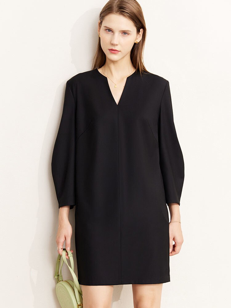 Fashion Women's Dress New V-neck Loose Solid Color Wrist Sleeve Above Knee Dresses Female Temperament Autumn - Image 2