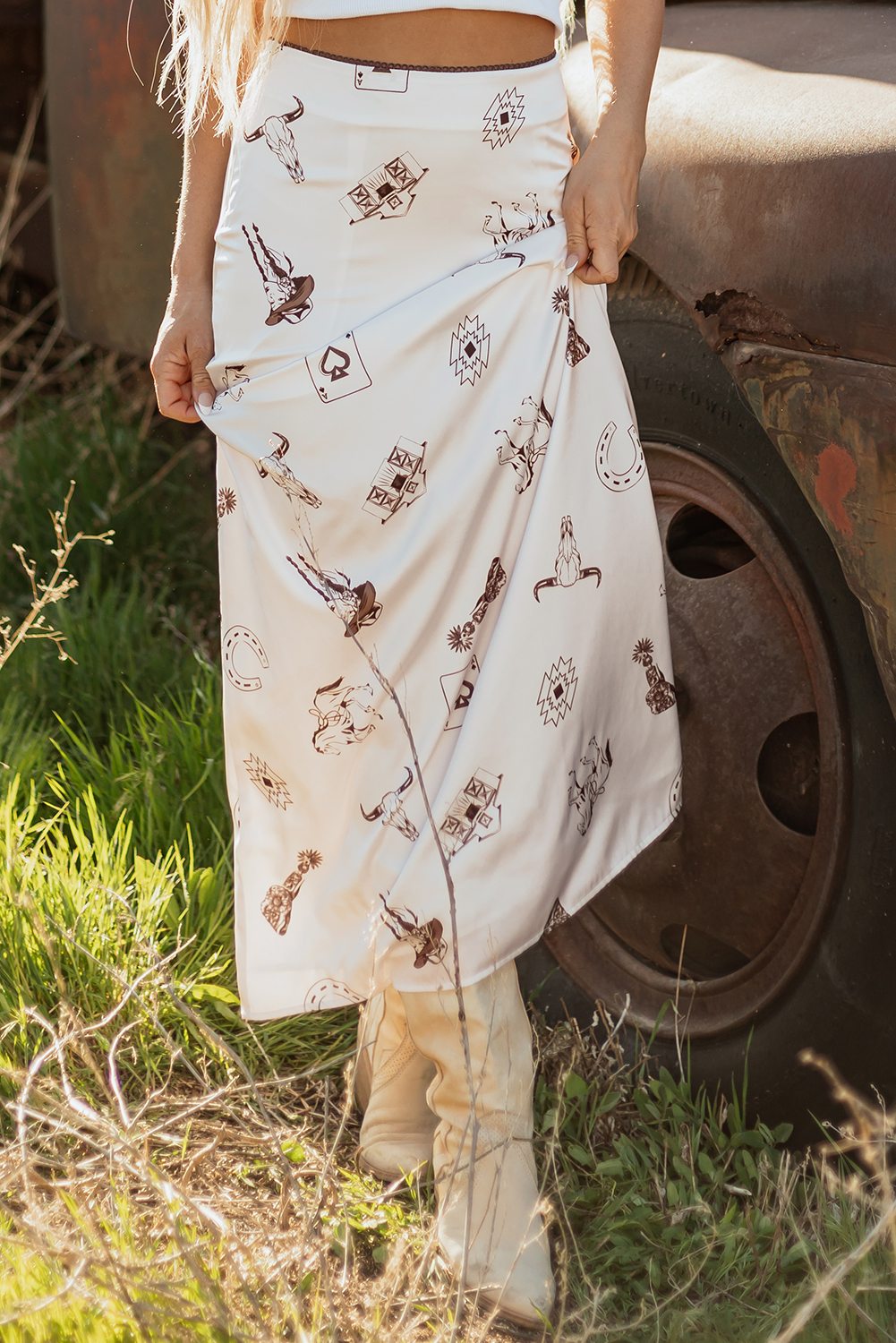 Beige Western Print Satin Long Skirt - Image 4