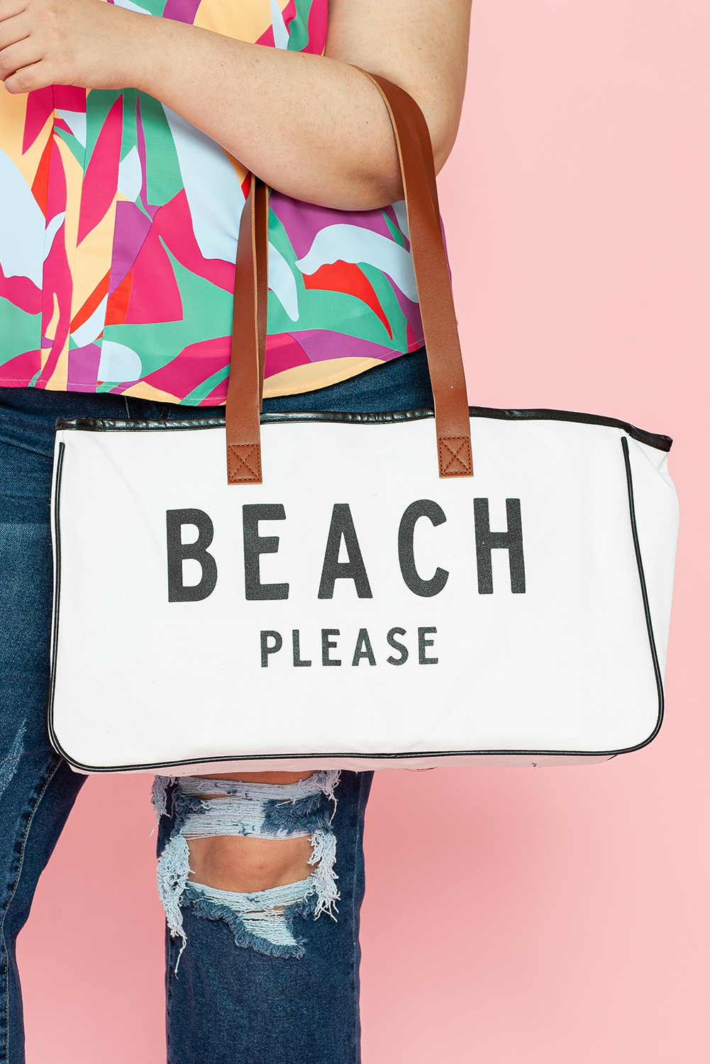 White BEACH PLEASE Print Large Canvas Tote Bag - Image 2