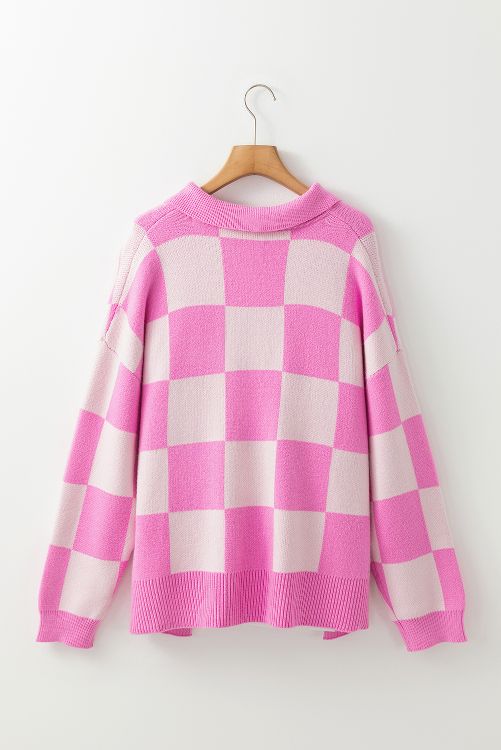 Pink Checkerboard Half Button Collared Drop Shoulder Sweater - Image 7