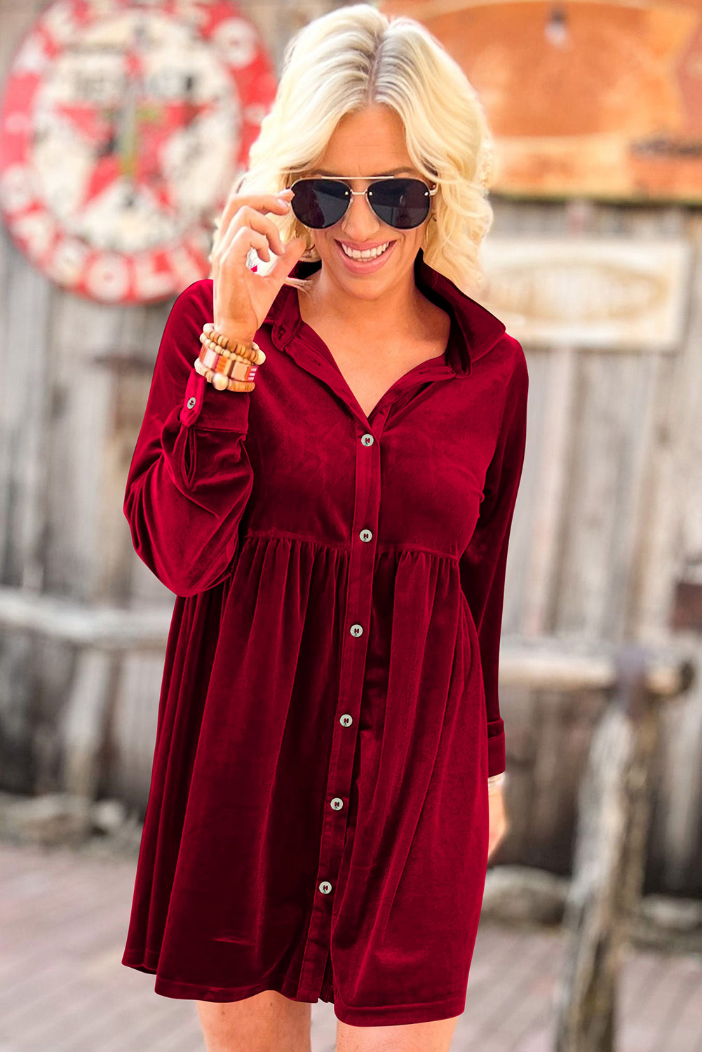 Fiery Red Long Sleeve Ruffle Velvet Button Up Dress - Image 4