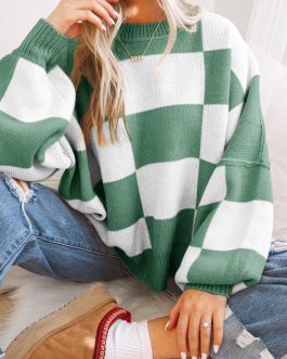 Green Checkered Bishop Sleeve Sweater
