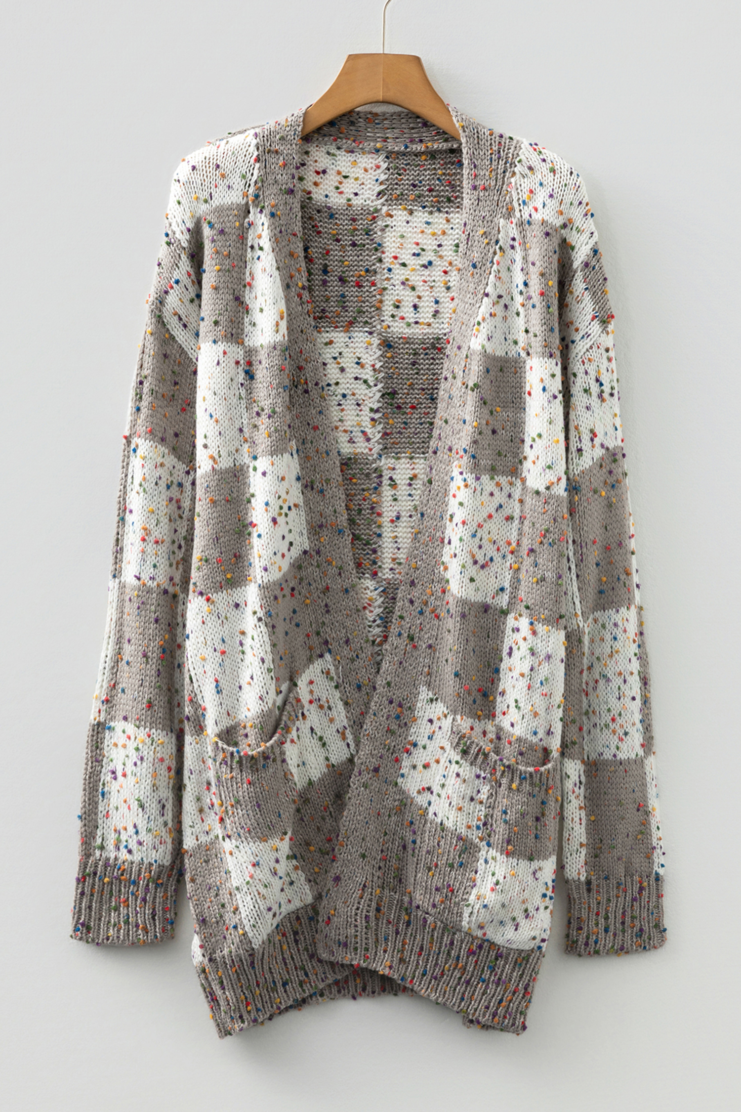 Brown Confetti Dot Checkered Print Open Cardigan with Pockets - Image 4