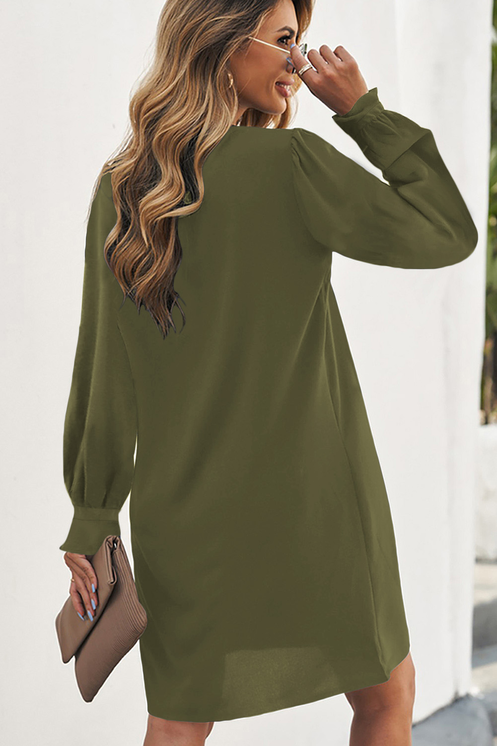 Green Split V Neck Ruffled Sleeves Shirt Dress - Image 2