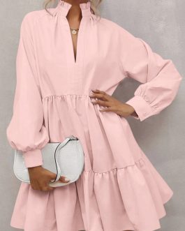 Pink Frilled Stand Collar Long Sleeve Ruffle Dress