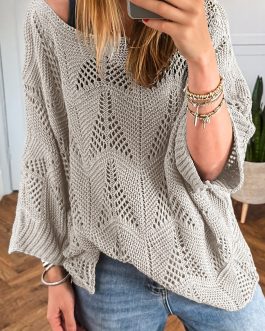 Seagrass Hollow Out Knit 7/8 Sleeve Casual Sweater