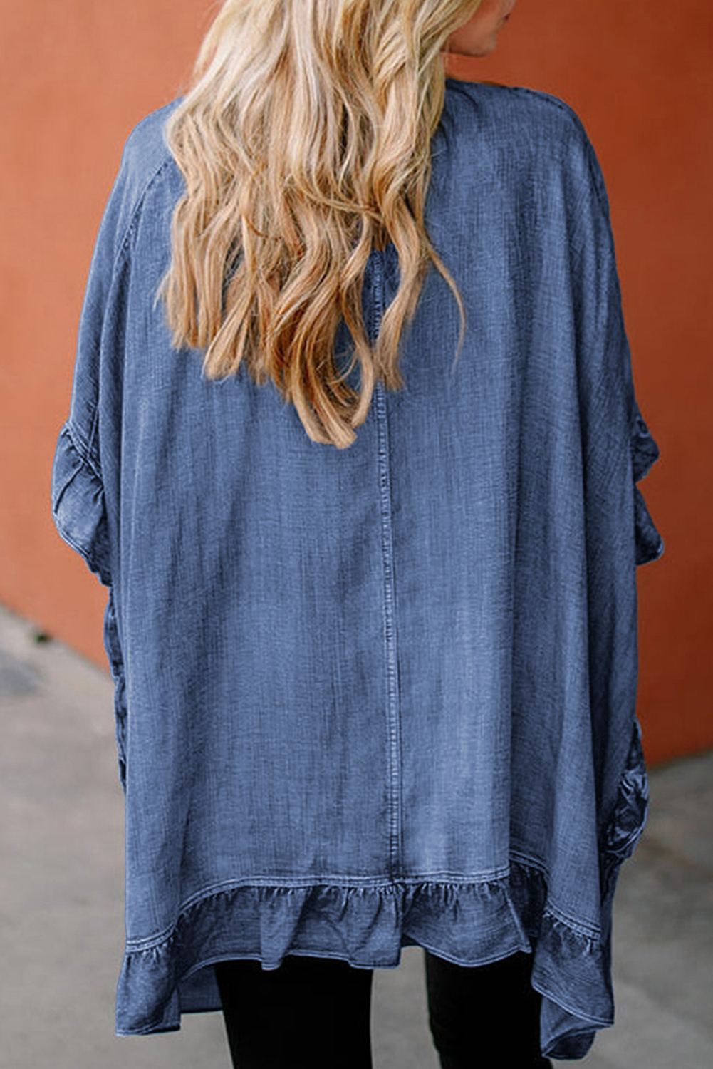 Dusk Blue Chambray Ruffle Hem Half Sleeve Open Loose Kimono - Image 2